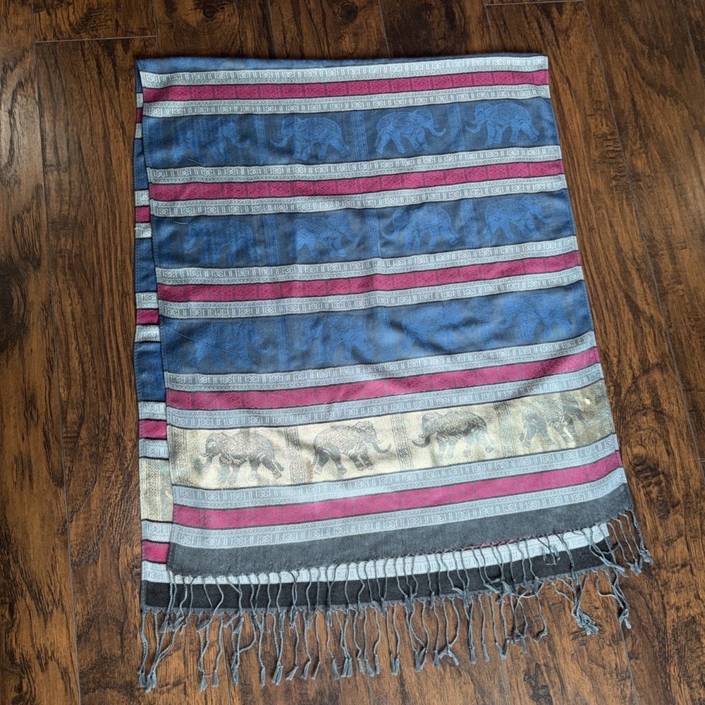 PASHMINA Brand Scarf Wrap Shawl Gold Purple Elephant Fringe‎ Gypsy Boho